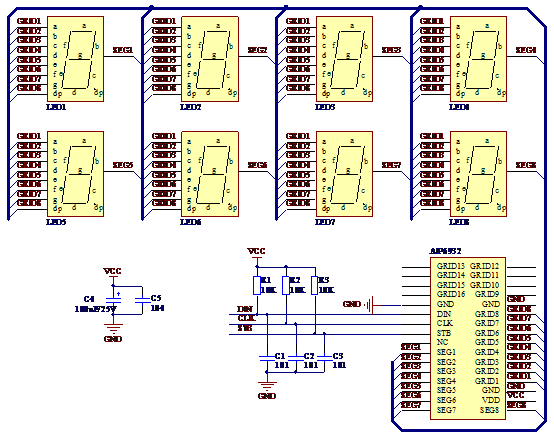 AiP6932驱动共阳数码管电路原理图